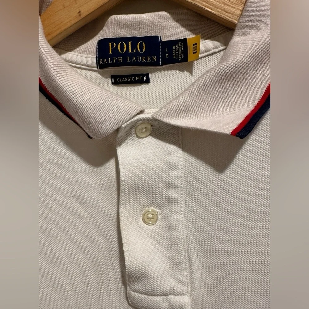 Polo Ralph Lauren Mens XL Ribbed Trim Striped Polo White Classic Fit Red‎ Blue